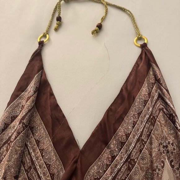 White Lotus Brown printed  Italian Silk halter dress - one size - Picture 8 of 9